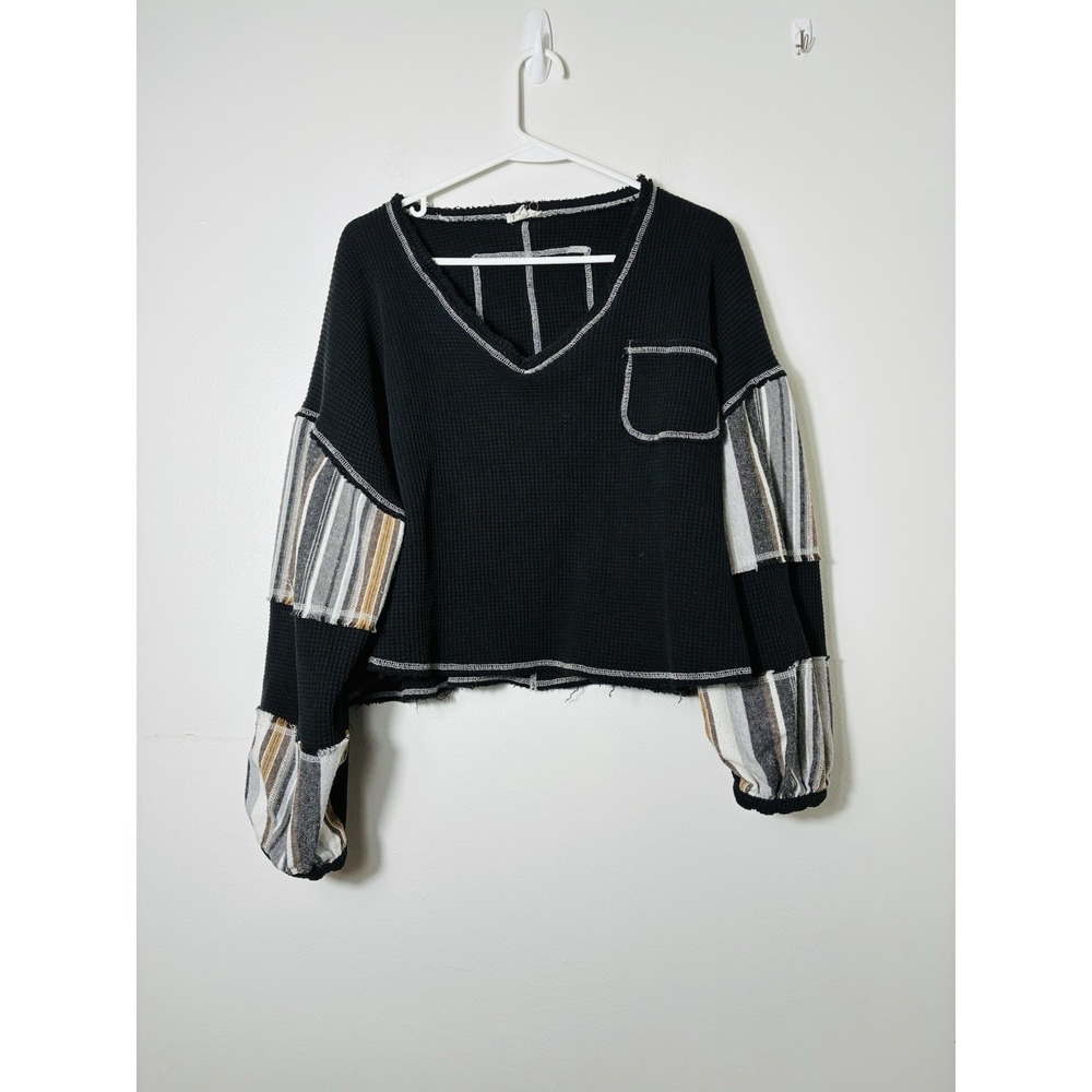 POL Black Cropped Cowl Sweater with Striped Patchwork Sleeves